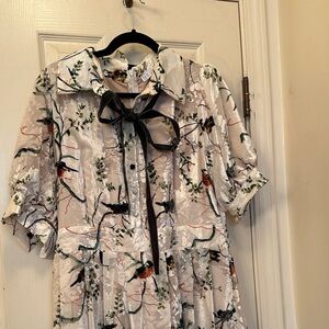 Floral Bird Print Dress with Black Bow